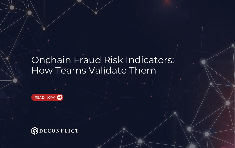 Infographic showing five questions compliance teams use to validate onchain fraud risk indicators, from the triggering activity to proportionate action.