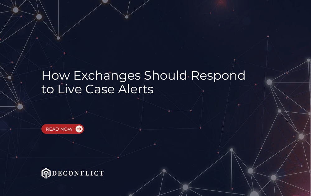 Four-step crypto exchange workflow for responding to live case alerts: preserve evidence, investigate activity, add verified context, then coordinate and document.