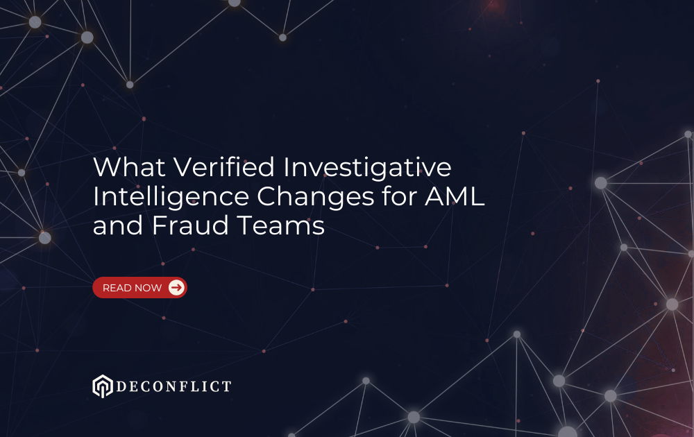 AML analyst reviewing verified investigative intelligence that links suspicious transactions to active fraud cases and law-enforcement activity.